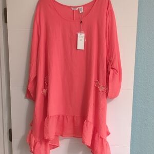 Kaktus Coral Boho Tunic W Floral Details Asymetric Hem Roller Tab Sleeves XXL